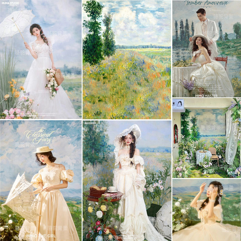 法式少女油画写真莫奈花园拍照背景布风景画睡莲摄影婚纱油画背景