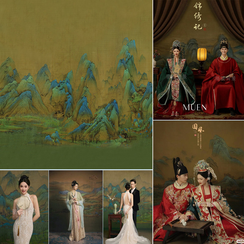 全家福背景布千里江山图中式秀禾古装旗袍婚纱影楼摄影直播背景布