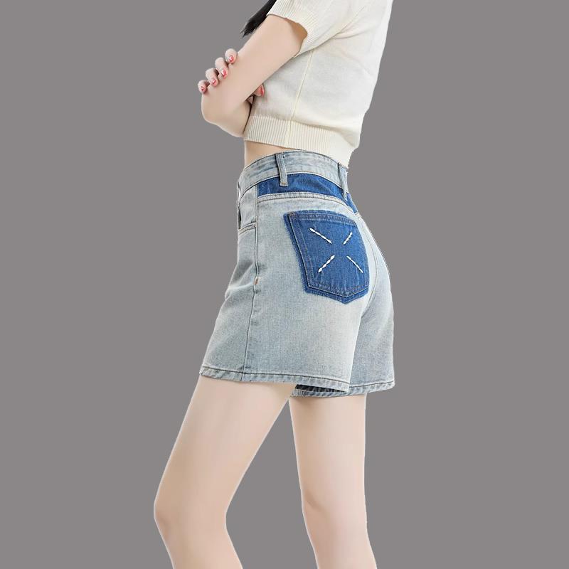 高腰牛仔短裤女2025年新款夏季薄款宽松a字复古撞色阔腿热裤ins潮