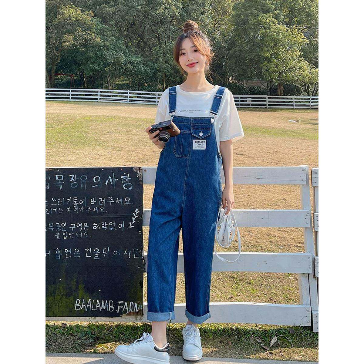 深蓝色牛仔背带裤女2024夏季新款高腰显瘦减龄休闲时尚直筒连体裤