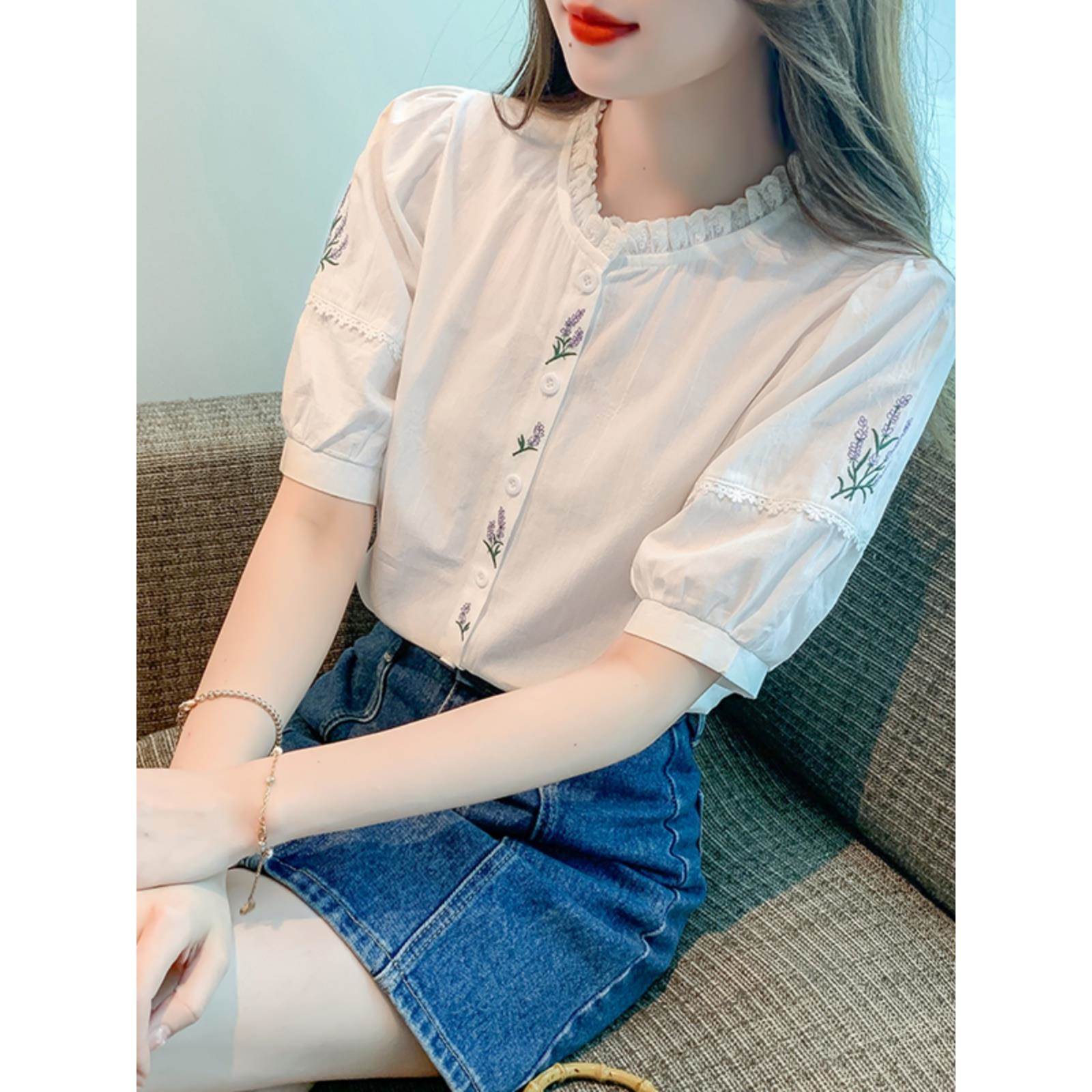 香港TIMO刺绣纯棉衬衫女上衣2025夏立领女式短袖棉麻洋气衬衣小衫