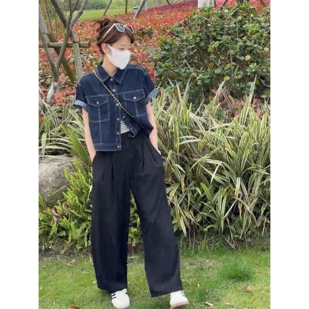 覆古短袖牛仔夹克女性夏季瘦2025新韩国风格宽松修身短上衣
