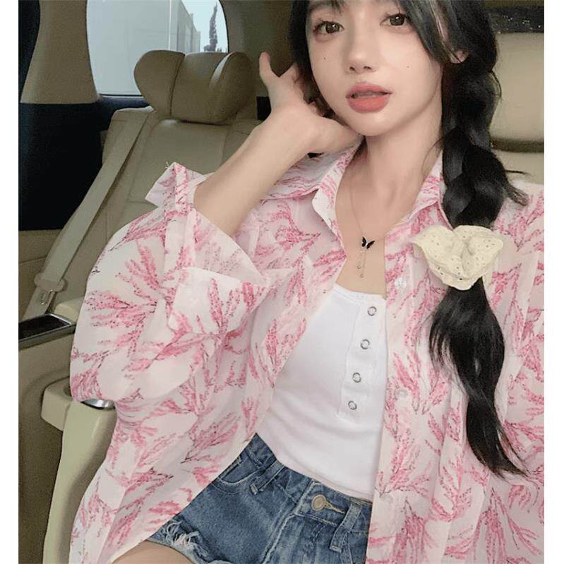 欧洲站2024春夏装新款防晒衫女韩版时尚复古碎花长袖天丝衬衫上衣