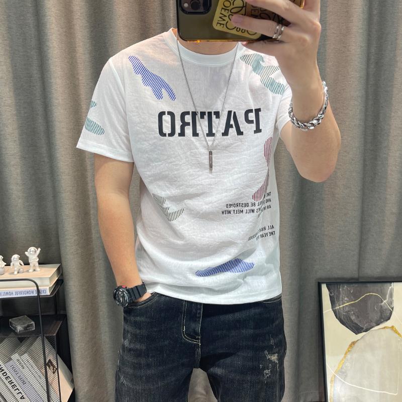 潮牌天丝棉麻短袖t恤衫夏季新款男士字母印花高端半袖体恤衫上衣