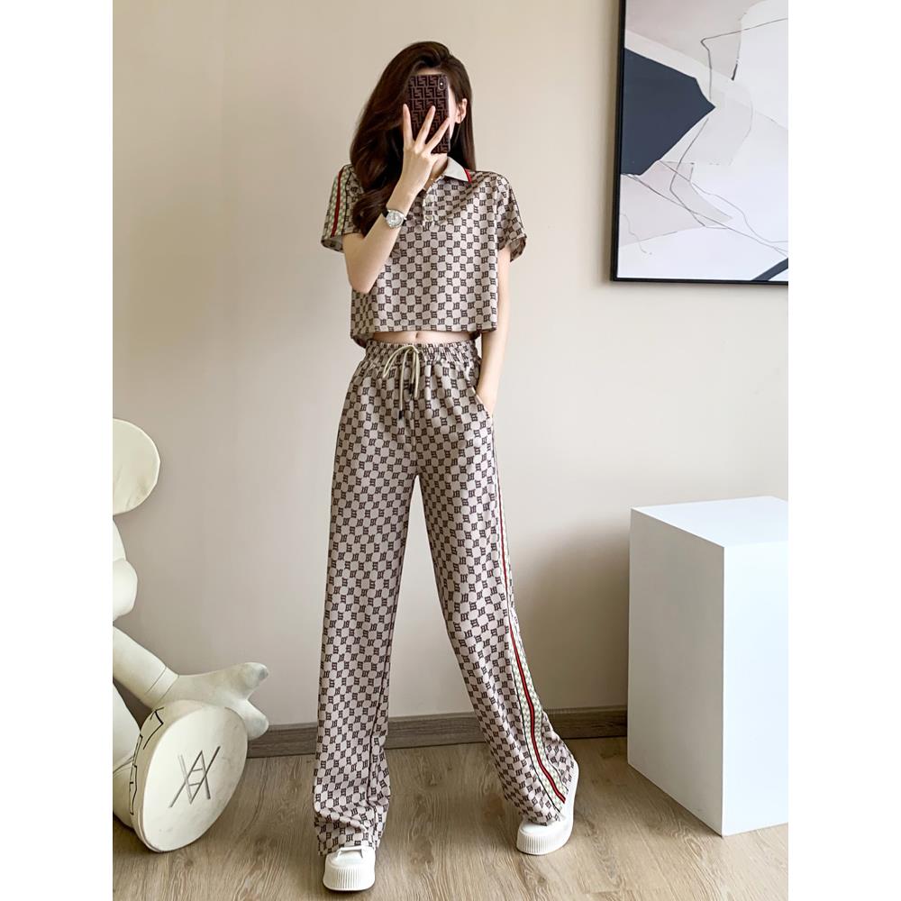 欧洲站时尚休闲运动套装女2024年夏季新款网红炸街阔腿裤两件套潮