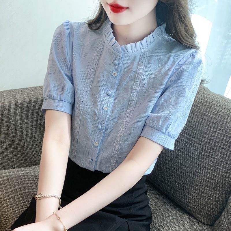 香港TIMO夏季女装时尚薄款纯棉衬衫女洋气全棉提花立领上衣短袖