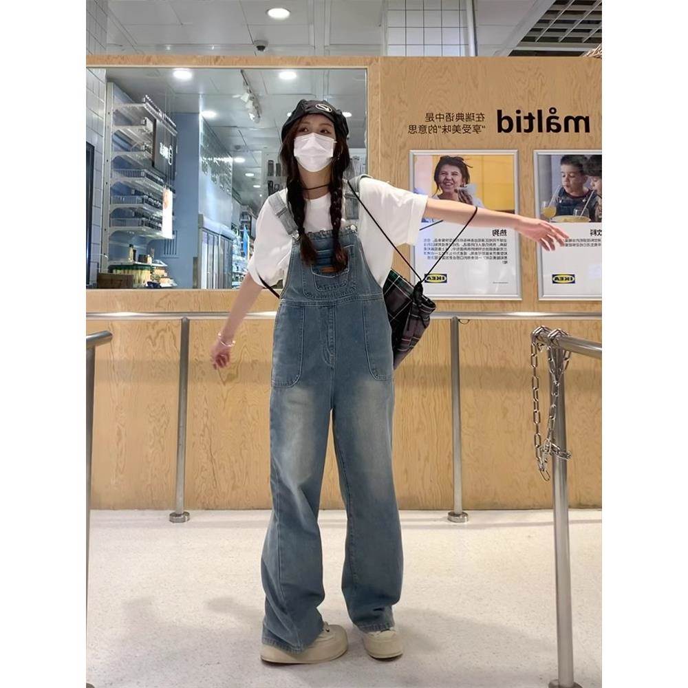 2025夏季新款美式牛仔背带裤女高腰直筒休闲拖地裤复古工装连体裤