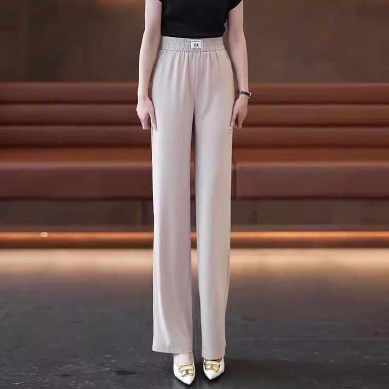 冰丝直筒裤女2025年夏季松紧腰高腰休闲裤薄款垂感凉感杏色阔腿裤