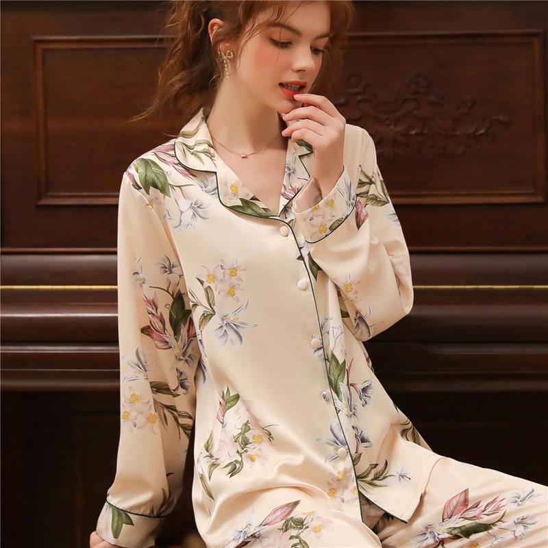 2025新款%桑蚕丝睡衣女长袖大码真丝春夏款丝绸妈妈家居服套装
