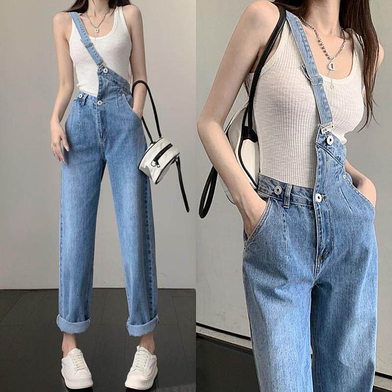 2025夏季新款设计感牛仔背带裤女高级感复古不规则休闲单肩阔腿裤