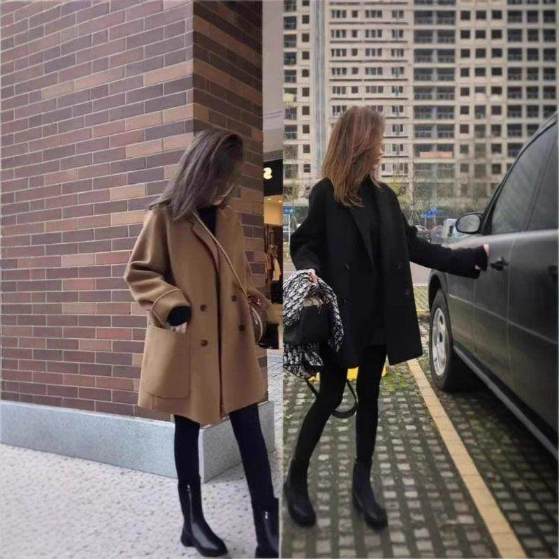韩版Chic秋冬宽松风大衣女呢子西装领中长款小个子毛呢外套女