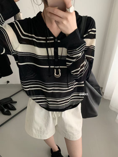 针织衫 欧货慵懒风天丝亚麻条纹连帽薄款 时尚 防晒衣女夏季 宽松韩版
