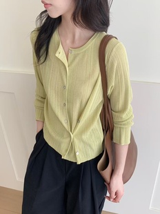 上衣潮 早秋新款 珍珠麻纯色圆领单排扣长袖 针织外套女韩版 宽松时尚