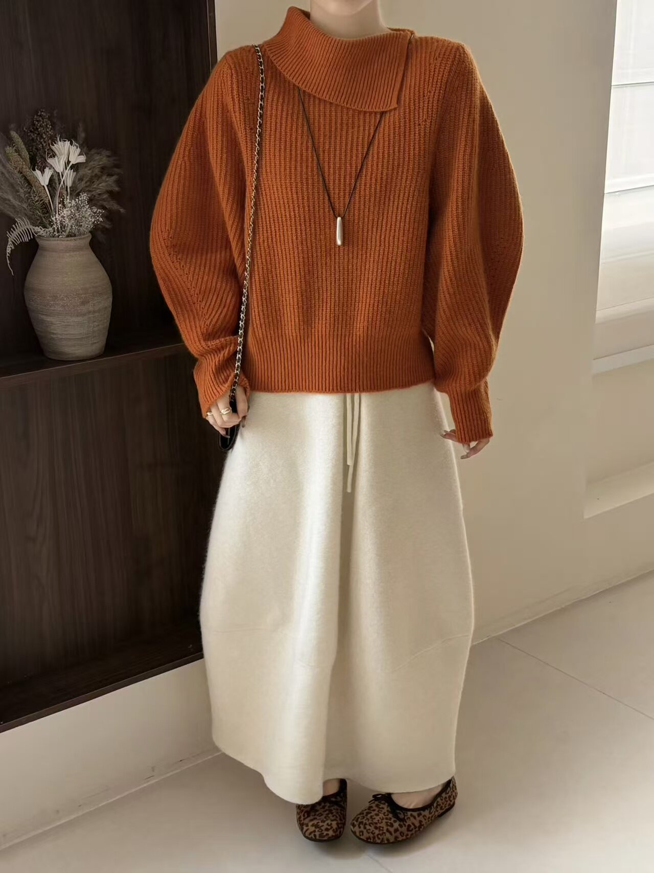 秋冬羊毛兔毛翻领气球袖针织衫