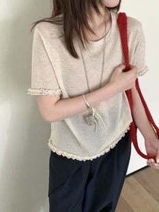 潮 欧货时尚 天丝亚麻木耳边拼接圆领短袖 上衣女夏季 宽松显瘦针织衫