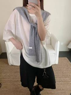 潮 早秋时尚 纯色宽松慵懒风瑾麻短袖 上衣女韩版 轻薄气质减龄针织衫