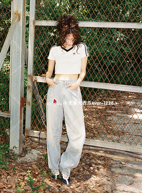 adidas三叶草欧阳娜娜同款水洗牛仔布弯刀裤运动裤KG0200KG0201