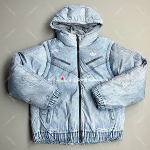 adidas三叶草保暖牛仔印花可拆卸衣袖 宽松鸭绒羽绒服KC2632KC2633