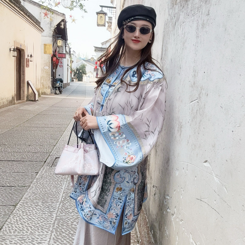 原掌柜家 春装新中式国风女装100%真丝欧根纱刺绣清汉服外套 上衣