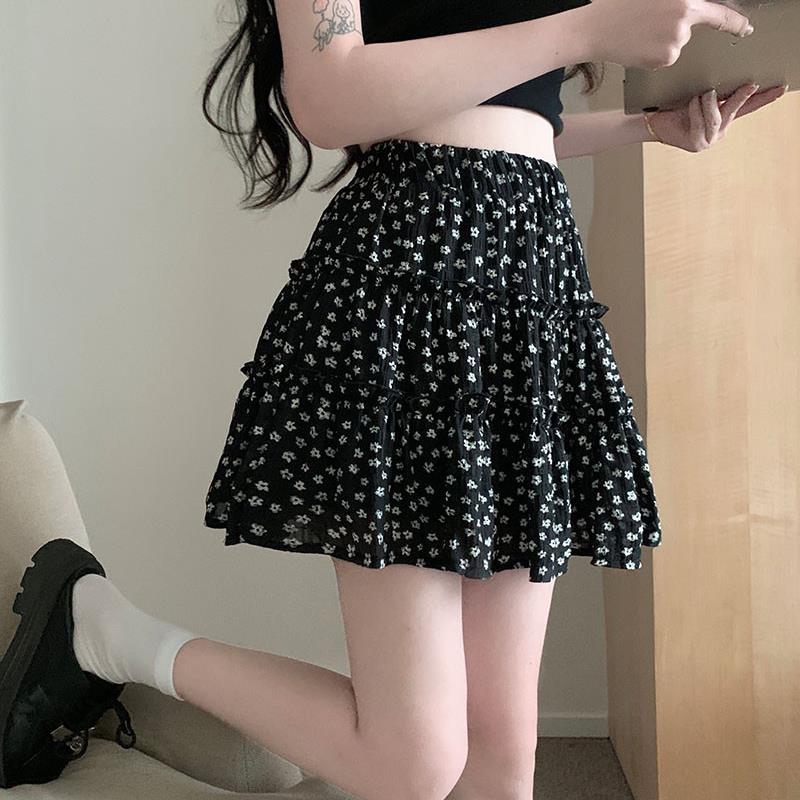 大码碎花半身裙女夏季收腰显瘦A字短裙微胖MM设计感黑色蛋糕裙子