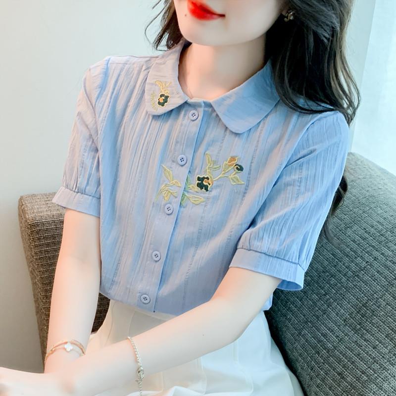 夏装2025年新款时尚纯棉衬衣女洋气全棉短袖气质女士衬衫刺绣上衣