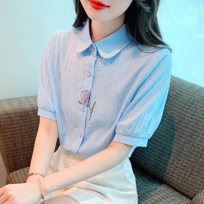 夏装2025年新款时尚刺绣纯棉衬衫女全棉女士衬衣洋气薄款上衣短袖