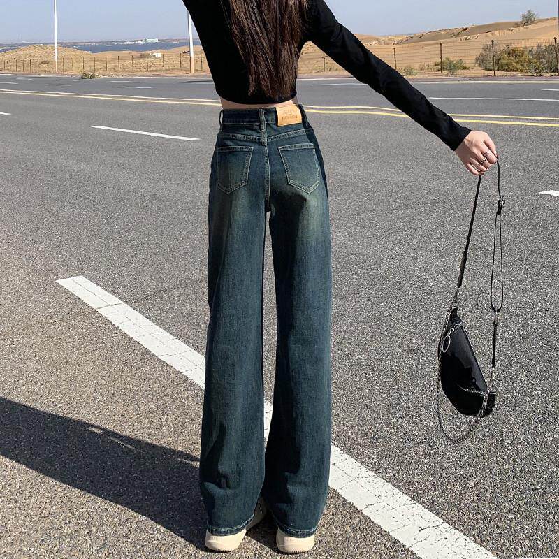 高腰窄版阔腿牛仔裤女2024年新款秋冬季水泥灰加绒宽松显瘦直筒裤