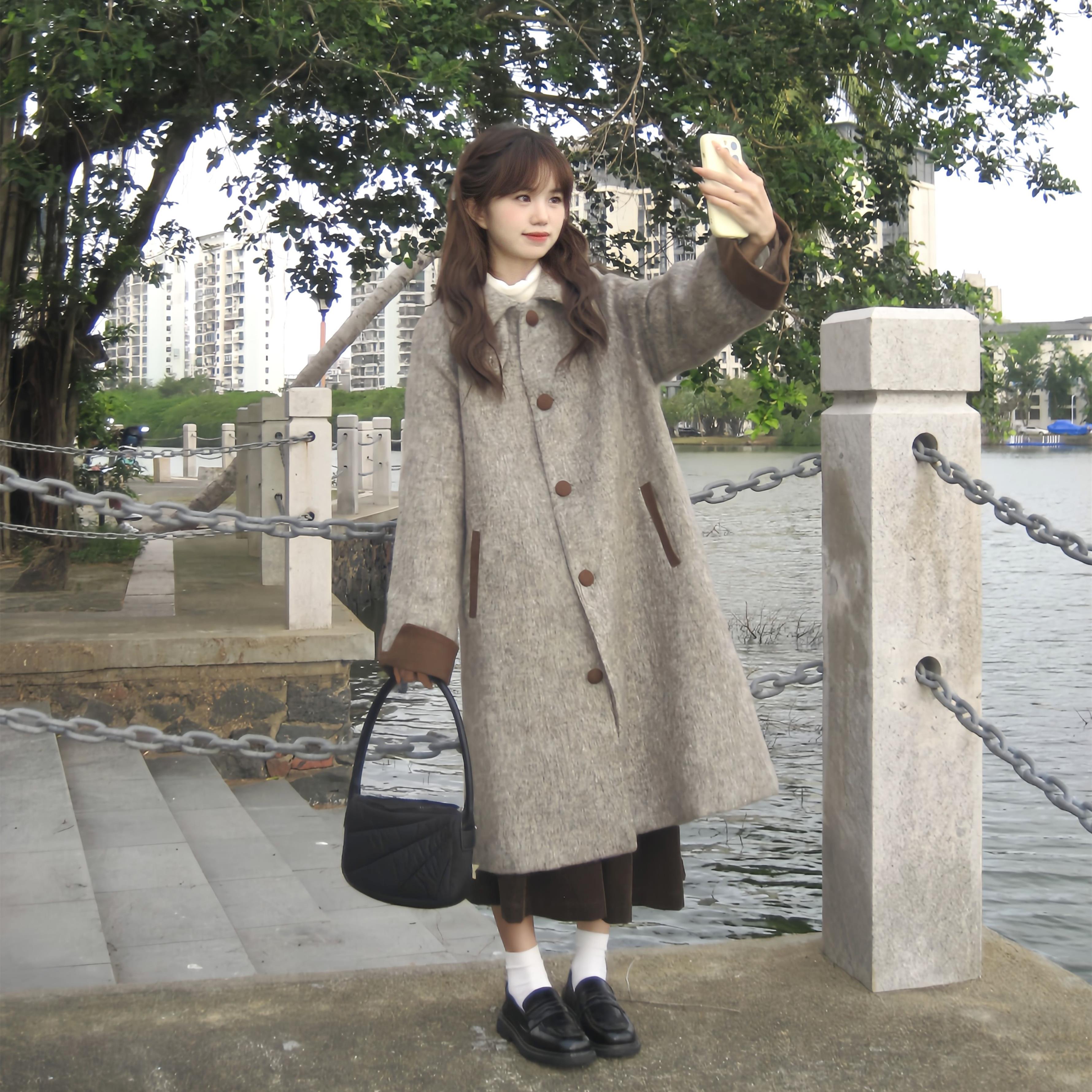 拼色领呢子大衣女2024冬