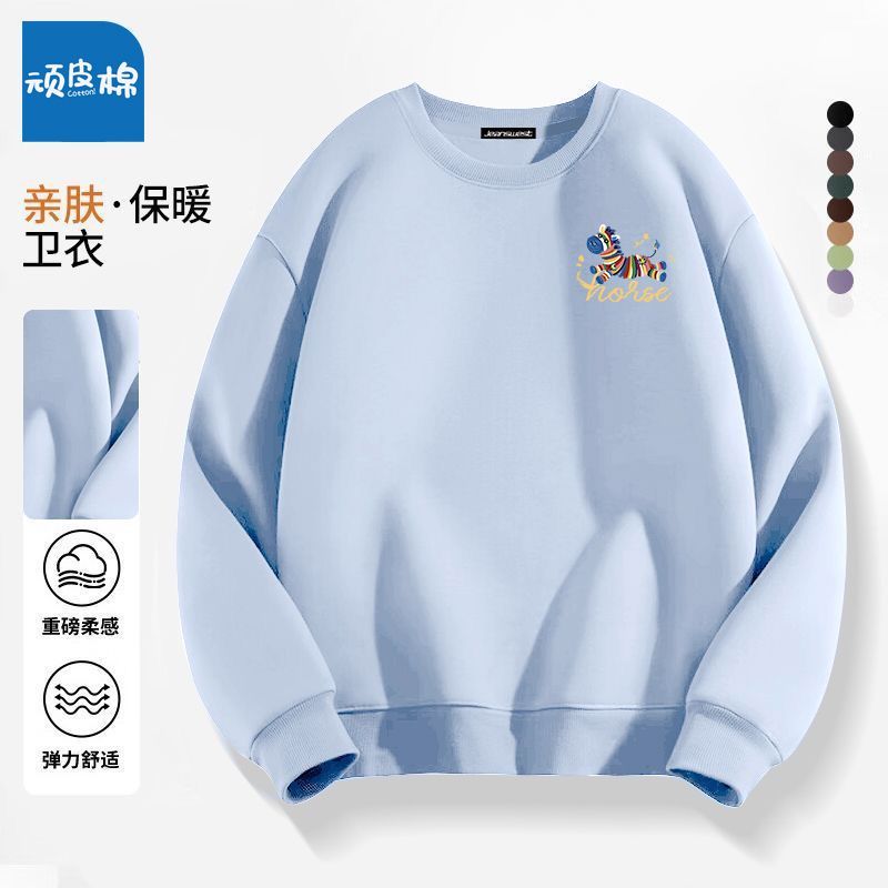 顽皮棉卡通印花圆领卫衣男童秋季宽松套头长袖上衣重磅纯棉