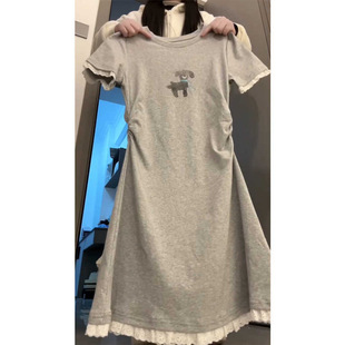 气质褶皱收腰显瘦中长款 法式 新款 小众设计感短袖 连衣裙女夏季