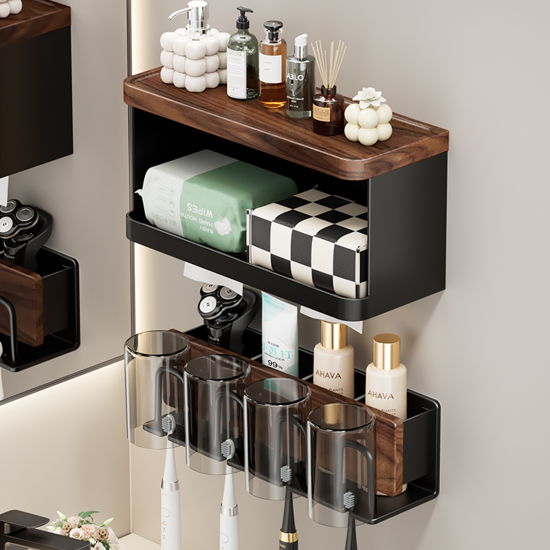 胡桃木浴室卫生间纸巾盒中古风洗手洗漱台免打孔实木牙刷架置物架