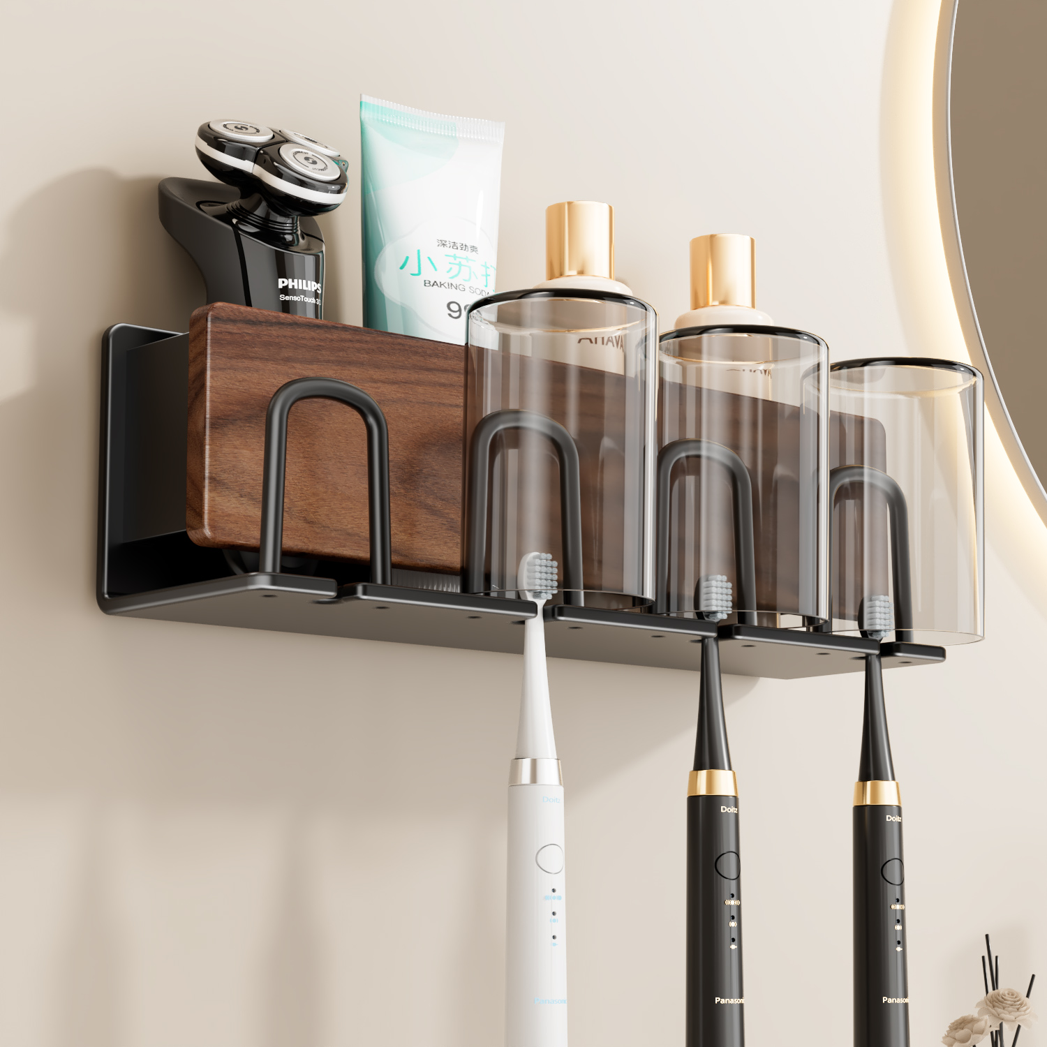 胡桃木免打孔牙刷架子置物架电动牙刷支架牙杯壁挂架洗漱口杯挂架
