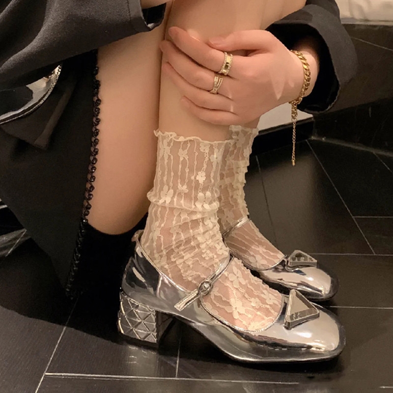 蕾丝袜子薄款女夏季超仙网纱ins玛丽珍黑白色短中长筒小腿堆堆袜