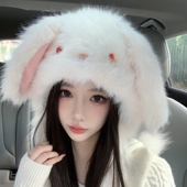 兔子帽子耳朵会动毛绒帽子冬季 保暖护耳帽围巾一体甜美可爱女生