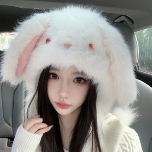 兔子帽子耳朵会动毛绒帽子冬季保暖护耳帽围巾一体甜美可爱女生