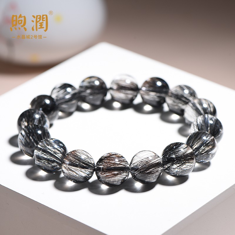 2025顺发天然巴西黑发晶手链本命年黑水晶男女士黑钛晶手串黑碧玺