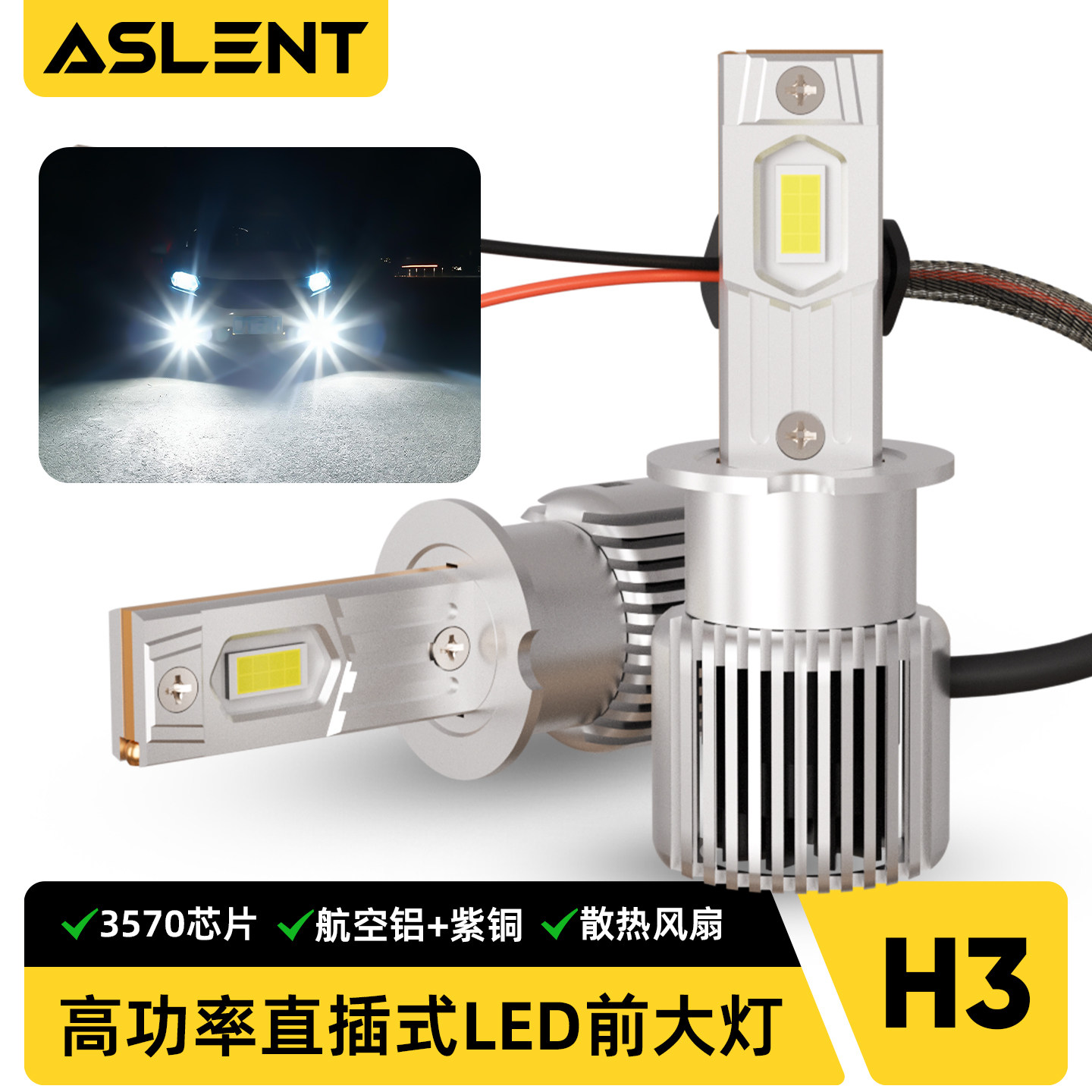 高功率H3直插式LED前大灯激汽车灯泡