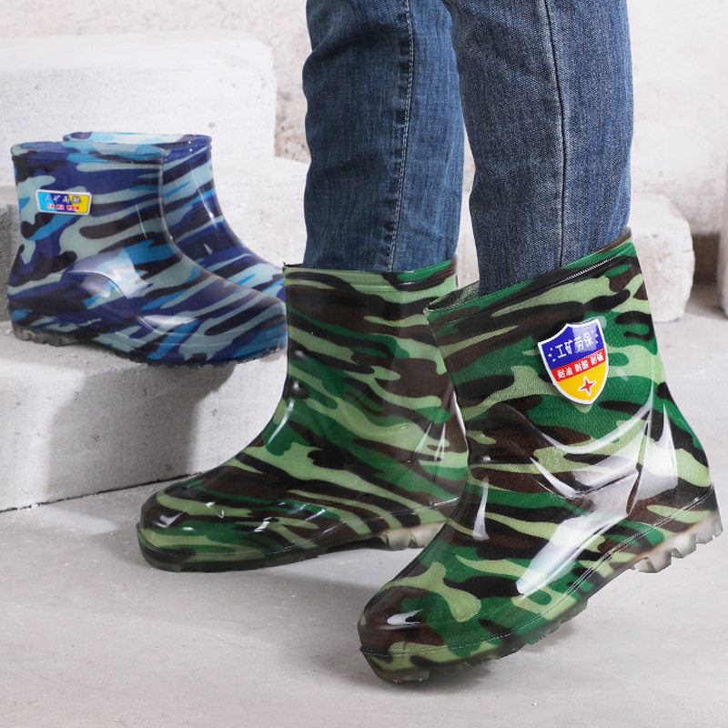 男士加厚迷彩雨鞋中筒防滑牛筋水鞋耐磨水鞋男款劳保胶鞋包邮