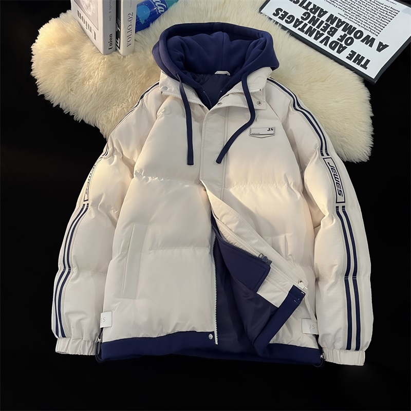 冬季条纹男士连帽加厚羽绒棉服