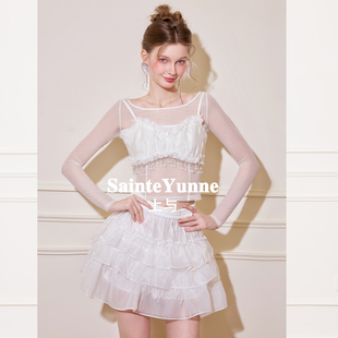 SainteYunne上与原创【白色浪漫】网纱透打底衫上衣/吊带SY501