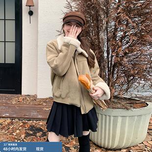 复古卡其色羊羔毛皮毛一体外套女冬季短款羊羔绒加厚保暖工装夹克