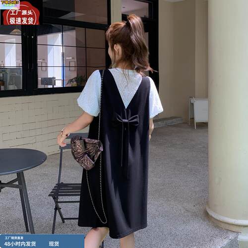 韩系学院风蝴蝶结背心连衣裙T恤套装两件套女夏季巨好看的少女感
