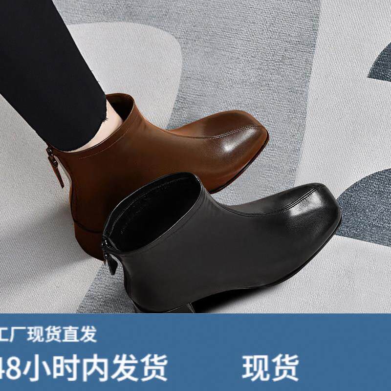 羊铍短靴真陂春秋单靴粗跟方头瘦瘦靴子2025新款冬季加绒棕色女靴