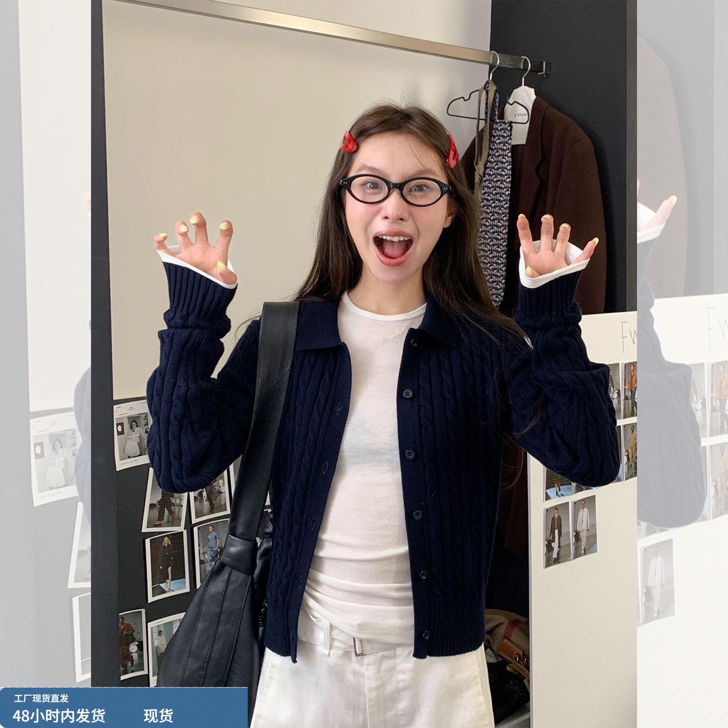 韩系Polo领蓝色麻花针织开衫外套2025早秋穿搭巨好看的漂亮小上衣