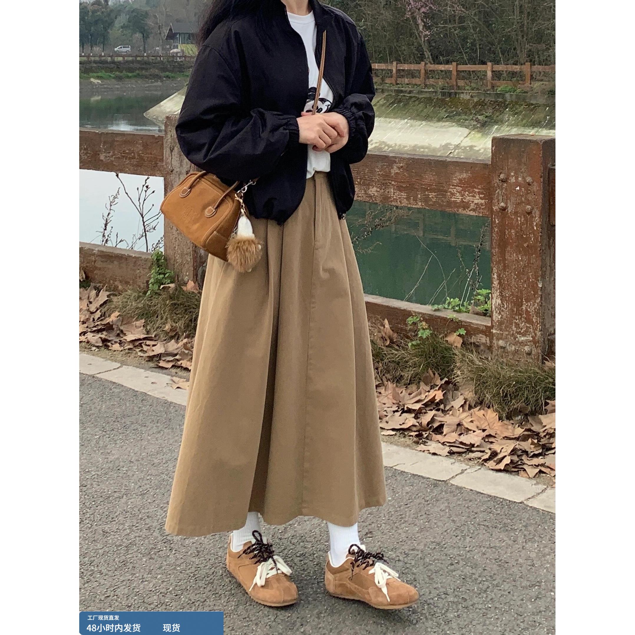 卡其色a字半身裙女大码秋冬2025新款胖mm显瘦遮胯a字伞裙工装裙子