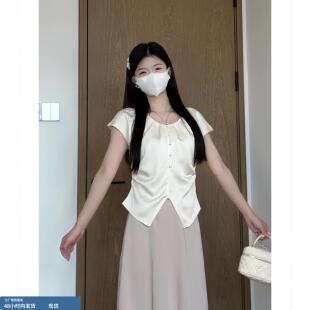 法式气质雪纺缎面短袖衬衫女夏季轻熟风小个子褶皱收腰1/4吋套筒