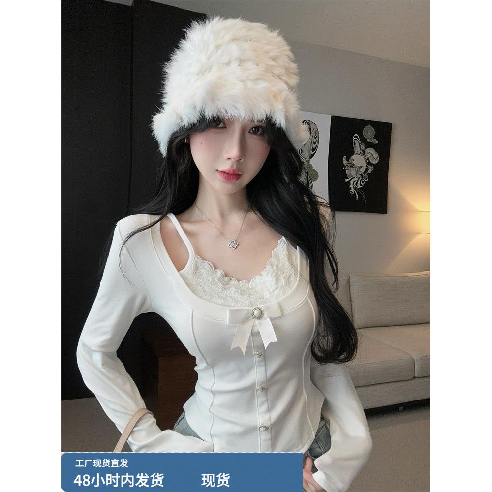 纯欲蕾丝拼接u领长袖t恤女秋假两件蝴蝶结修身打底衫短款鱼骨上衣