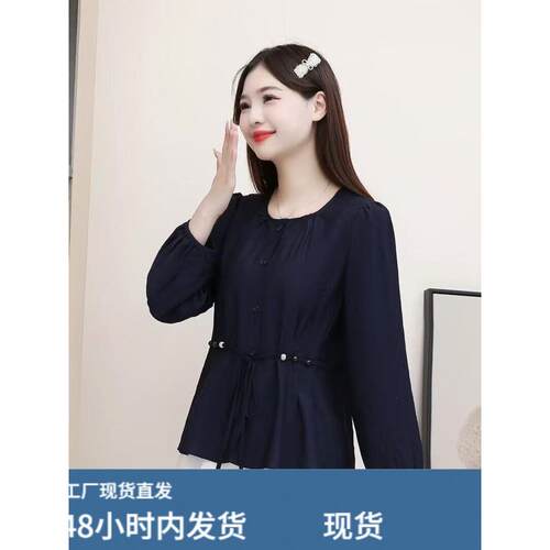 系带长袖衬衫女早秋季2025新款超火广东普宁洋气百搭遮肉减龄上衣