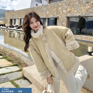 浅黄色奶呼呼毛绒拼接保暖外套女冬季2025年新款皮毛一体加绒棉服