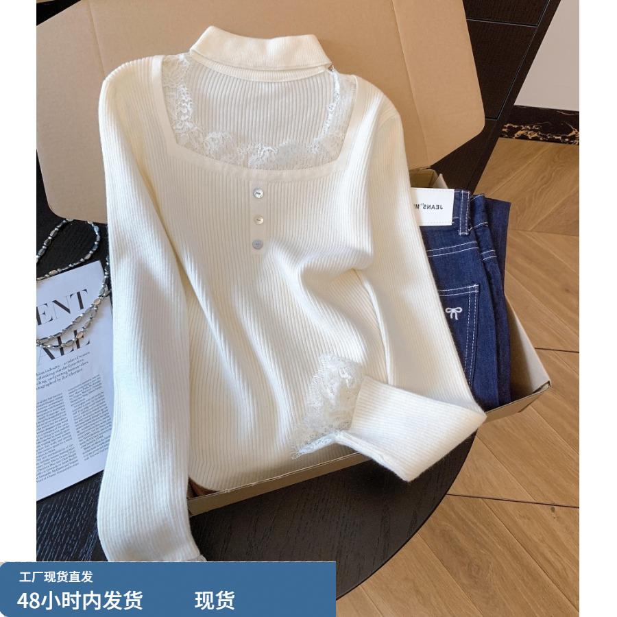 自留款推荐~蕾丝花边方领挂脖针织衫女秋冬新款纯欲修身内搭上衣